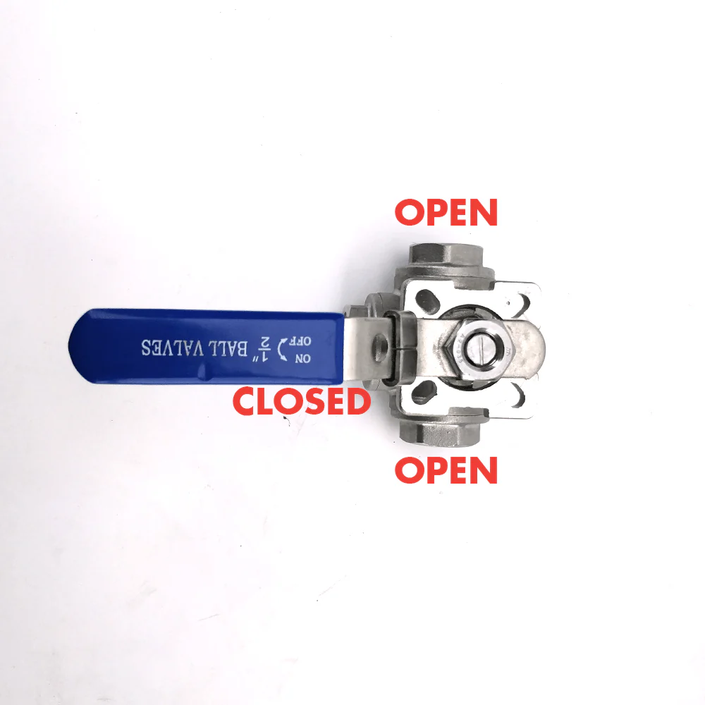 3 Way Ball Valve to 1/2' Threads (SS 304) - T Port Configuration - Image 2