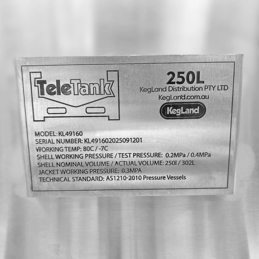 TeleTank 250L - Jacketed Pressurisable Fermenter/Uni-Tank (150degree) - Image 3